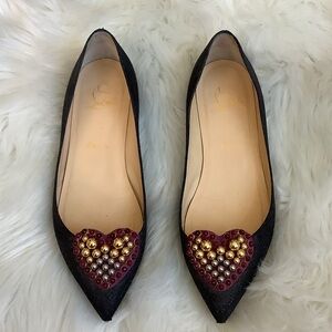 Christian Louboutin Black Flats with Gold and Red Heart Detail